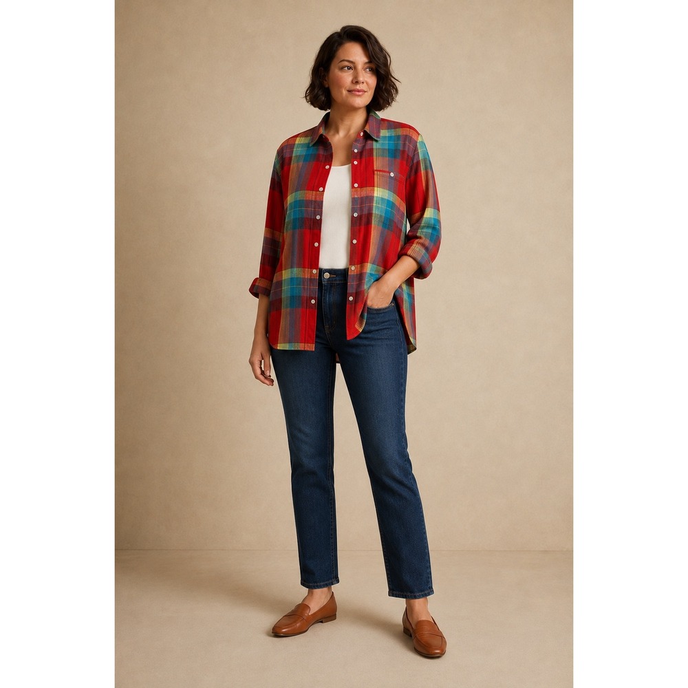 Chicos Design Red Colorful Plaid Linen Button Down Shirt Size 2 US 12 Boho L
